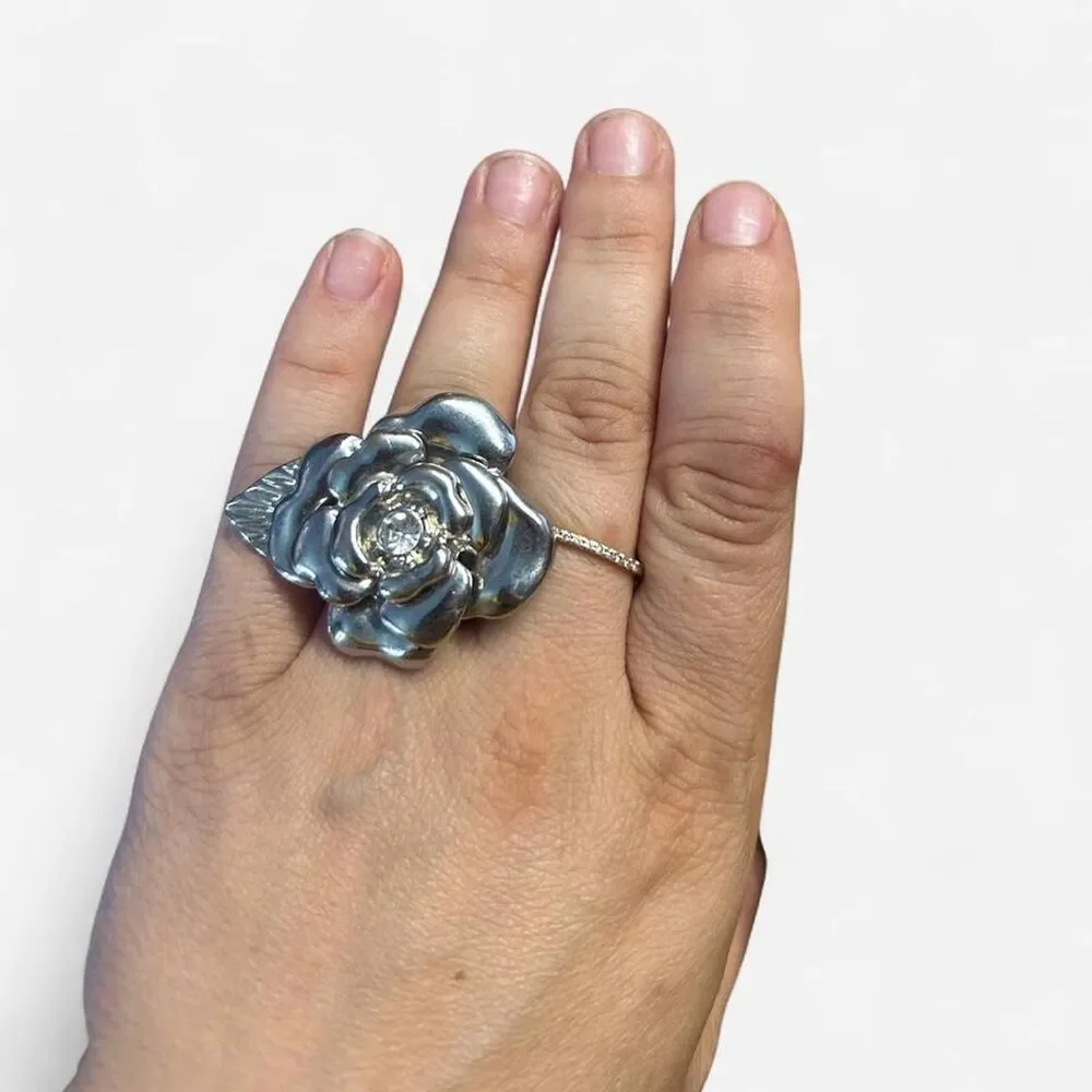 Oversized Silver Rose Stretch Ring